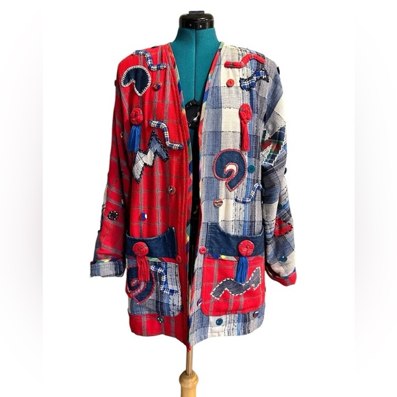 CRYSTAL Handwoven VINTAGE ART TO WEAR Embroidered Button Denim Blazer Medium - Picture 1 of 9